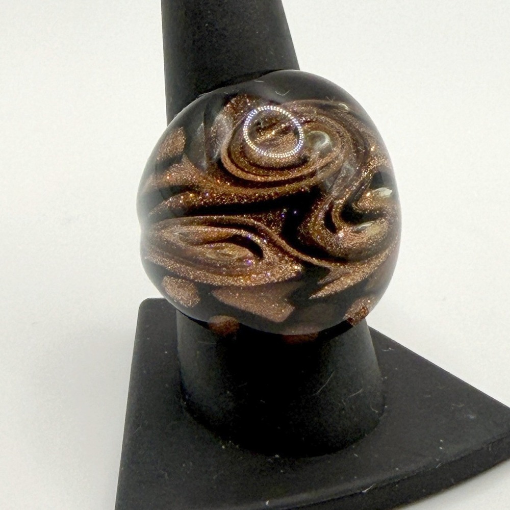 Goldstone Glass Statement Ring Size 8.5 Domed Art Glass